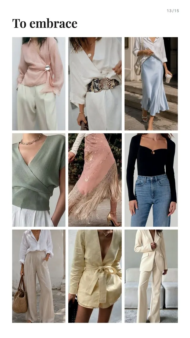 Page of styling references showing the pieces that suit this silhouette