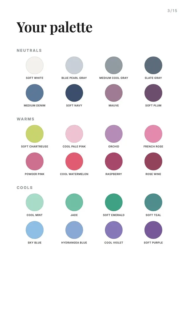 Color palette page with twenty four colors grouped into neutrals, warms, and cools