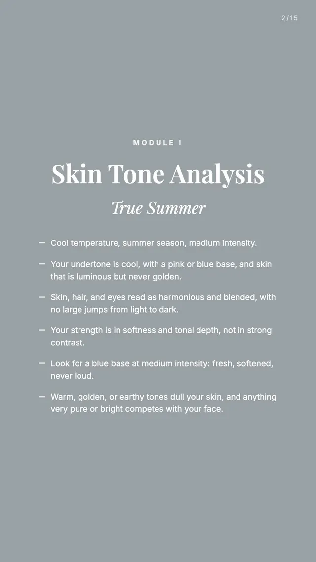 Skin tone analysis page naming the color season and the reasoning behind it